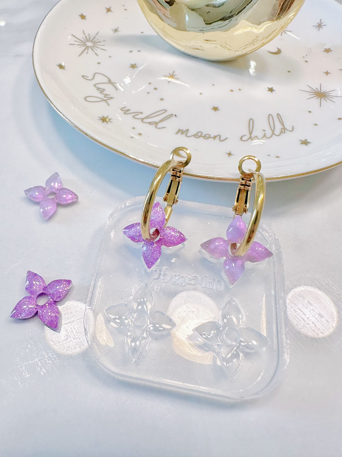 Dainty 1.6 cm Four-petal Open Flower Shape Hoop Spinner Earring Mold Stud Mold