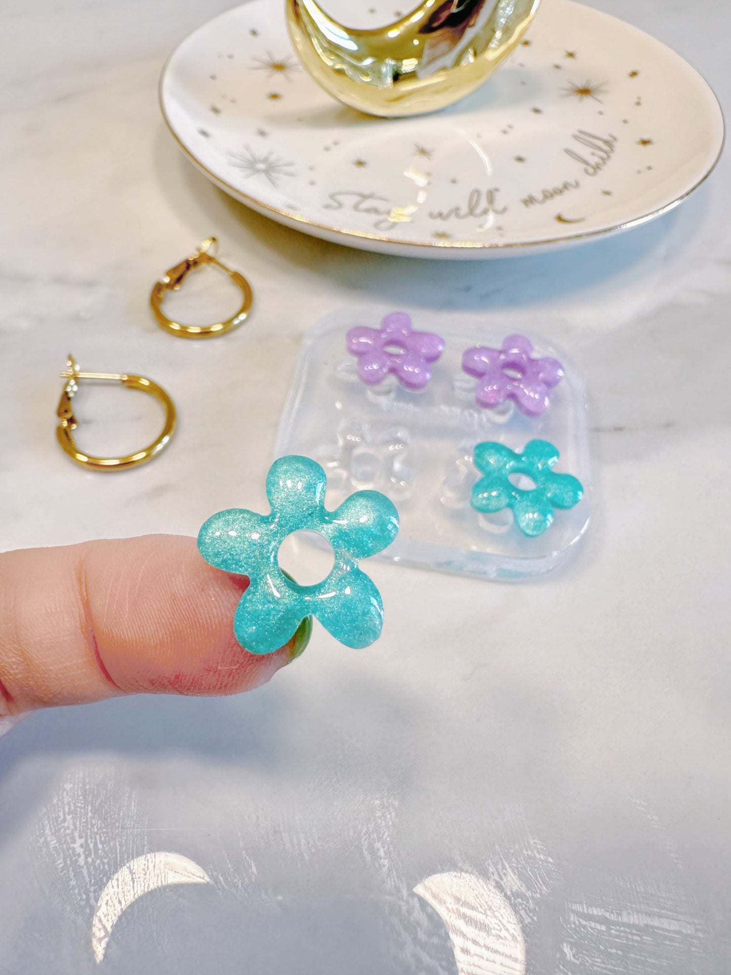 Dainty 1.6 cm Organic Open Flower Shape Hoop Spinner Earring Mold Stud Mold