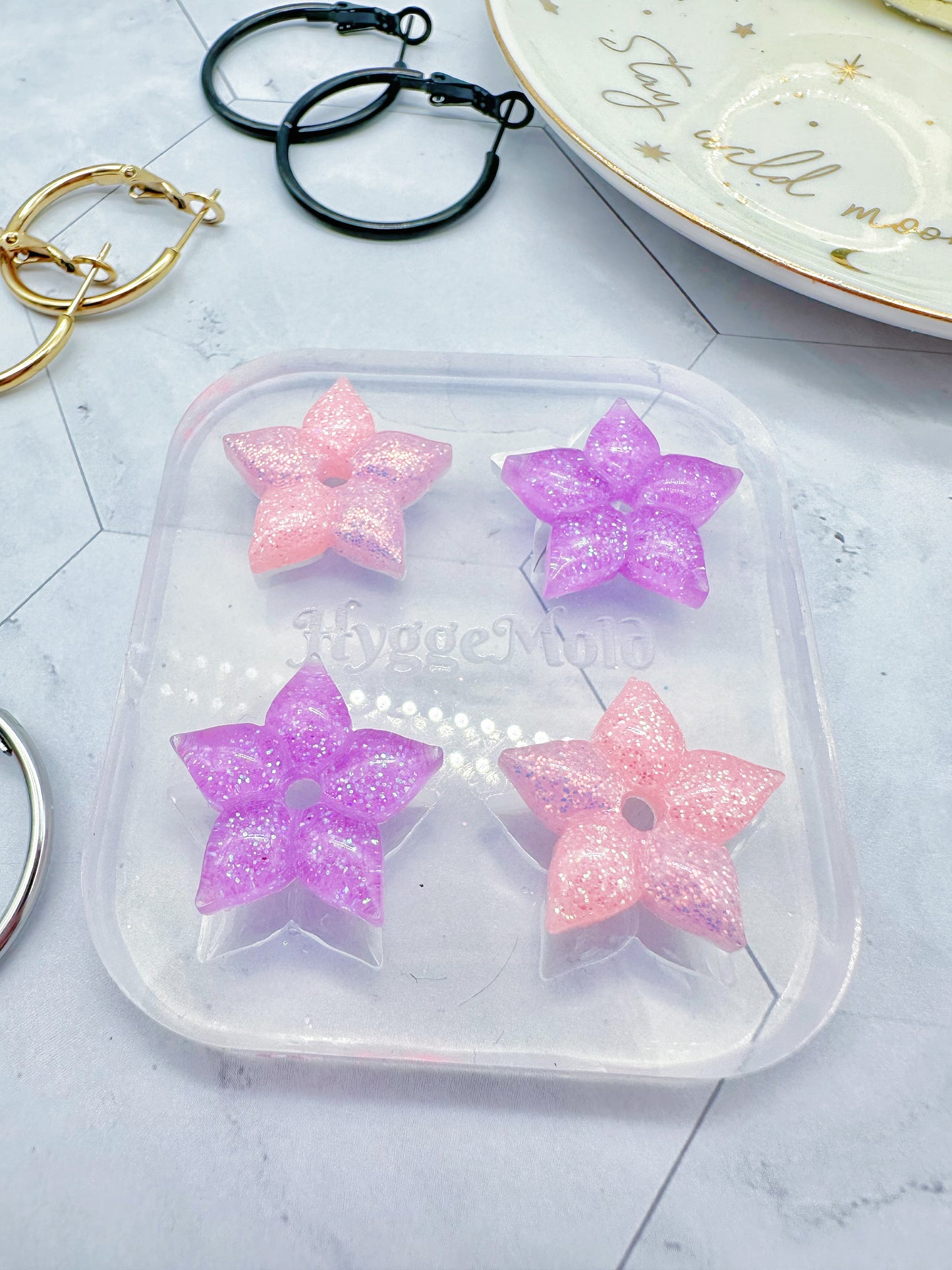 Pre domed Bauhinia Flower Five-petal Flower Hoop Charm Spinner Earring Mold