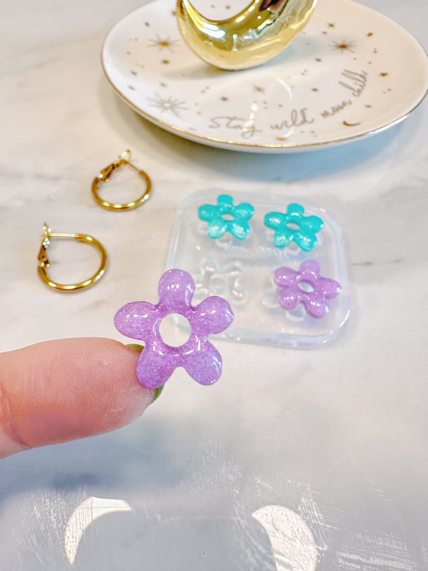 Dainty 1.6 cm Organic Open Flower Shape Hoop Spinner Earring Mold Stud Mold