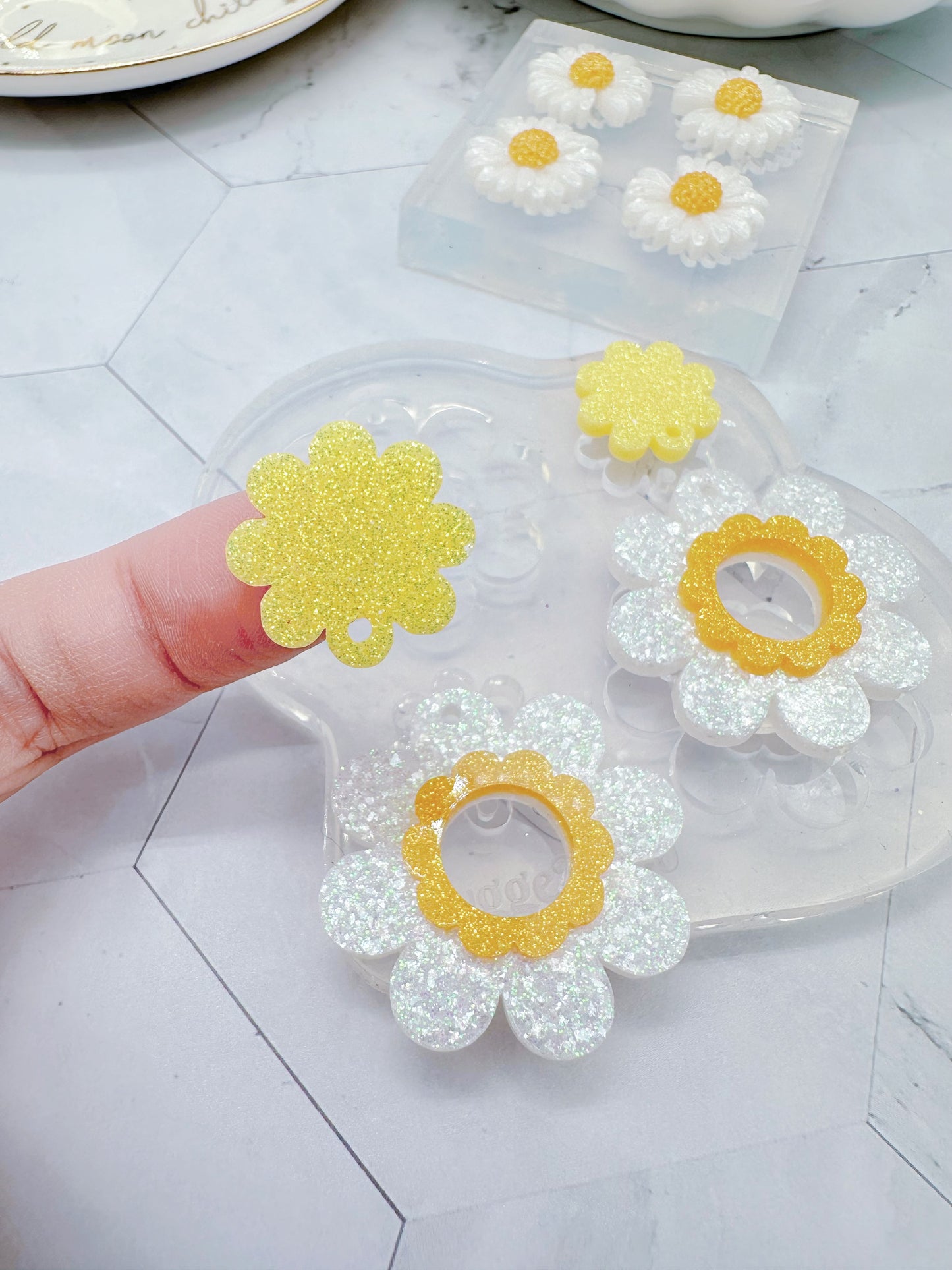 Large Double 3D Daisy Flower Dangle Drop Earring Mold