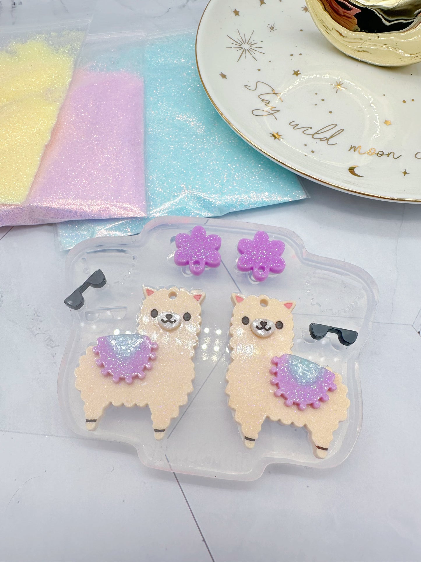 Cute Llama Alpaca Dangle Earring Mold with Flowers, Blankets, and sunglasses accessories