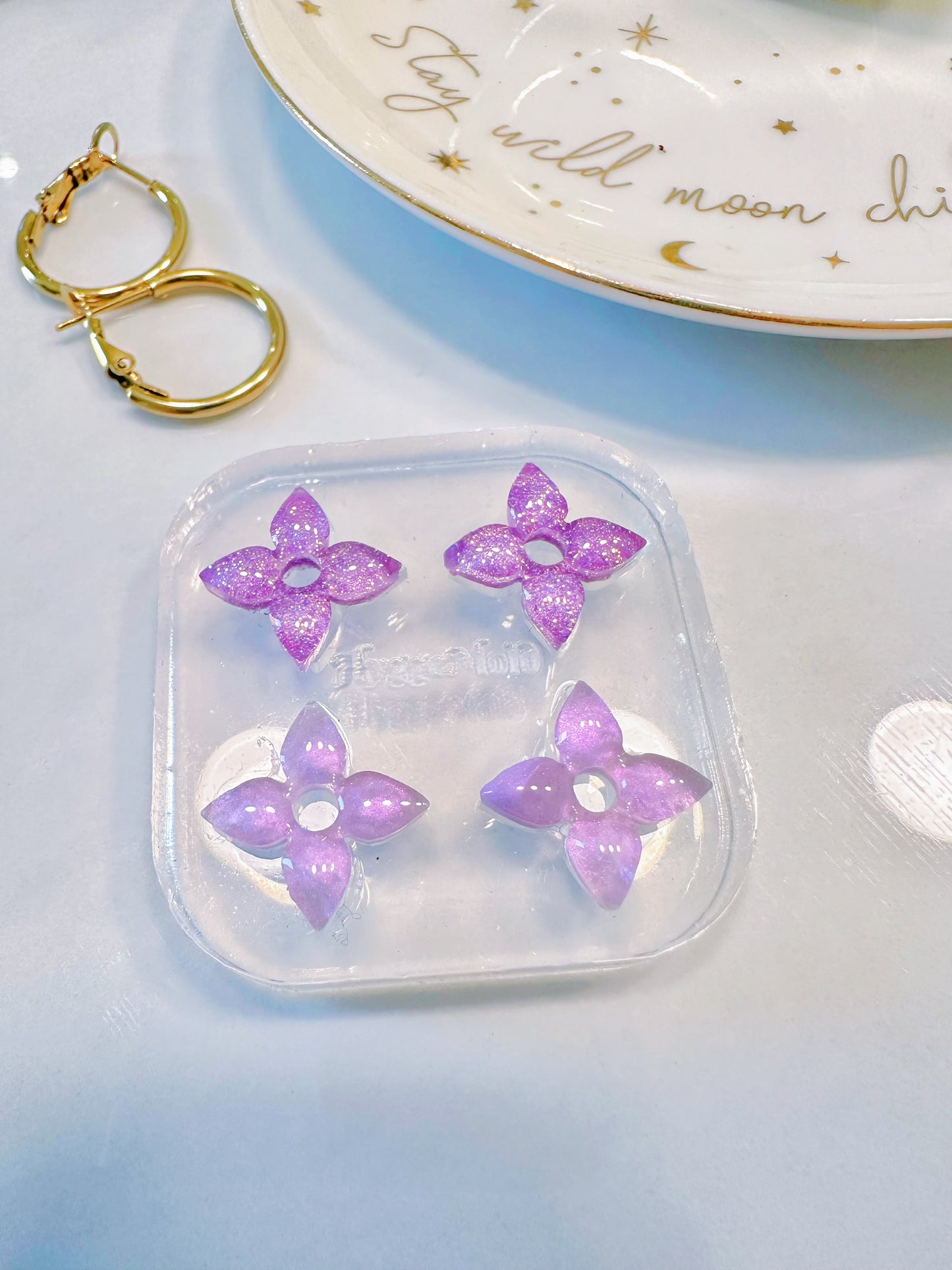 Dainty 1.6 cm Four-petal Open Flower Shape Hoop Spinner Earring Mold Stud Mold