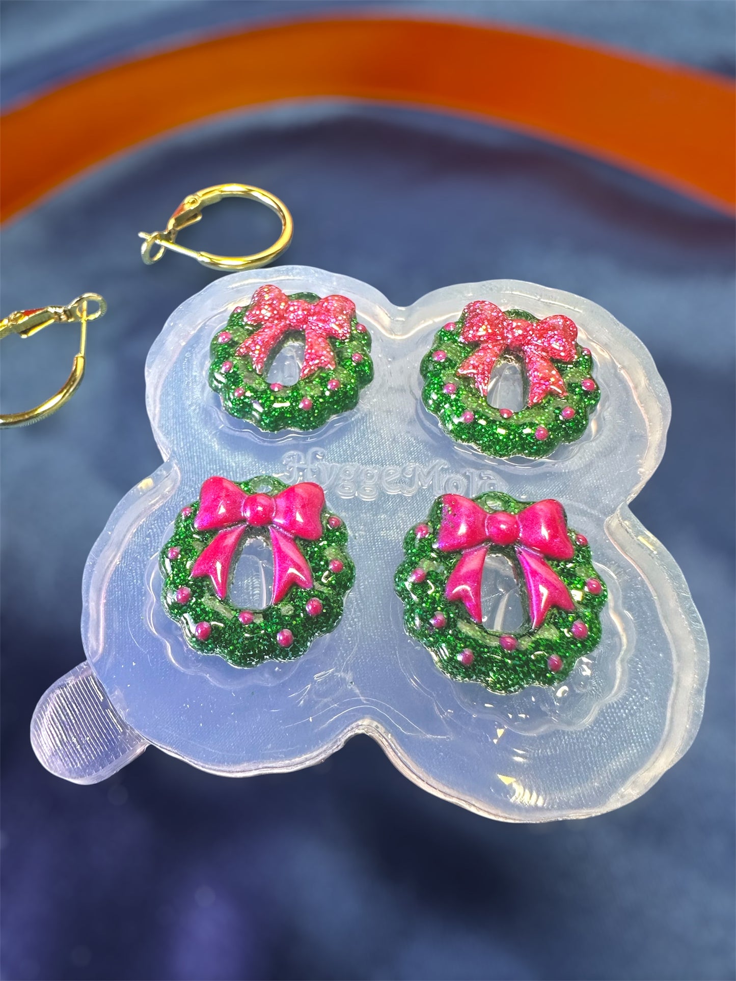 Mini Christmas Wreath Layered with Ribbon Bow Stud Earring Mold
