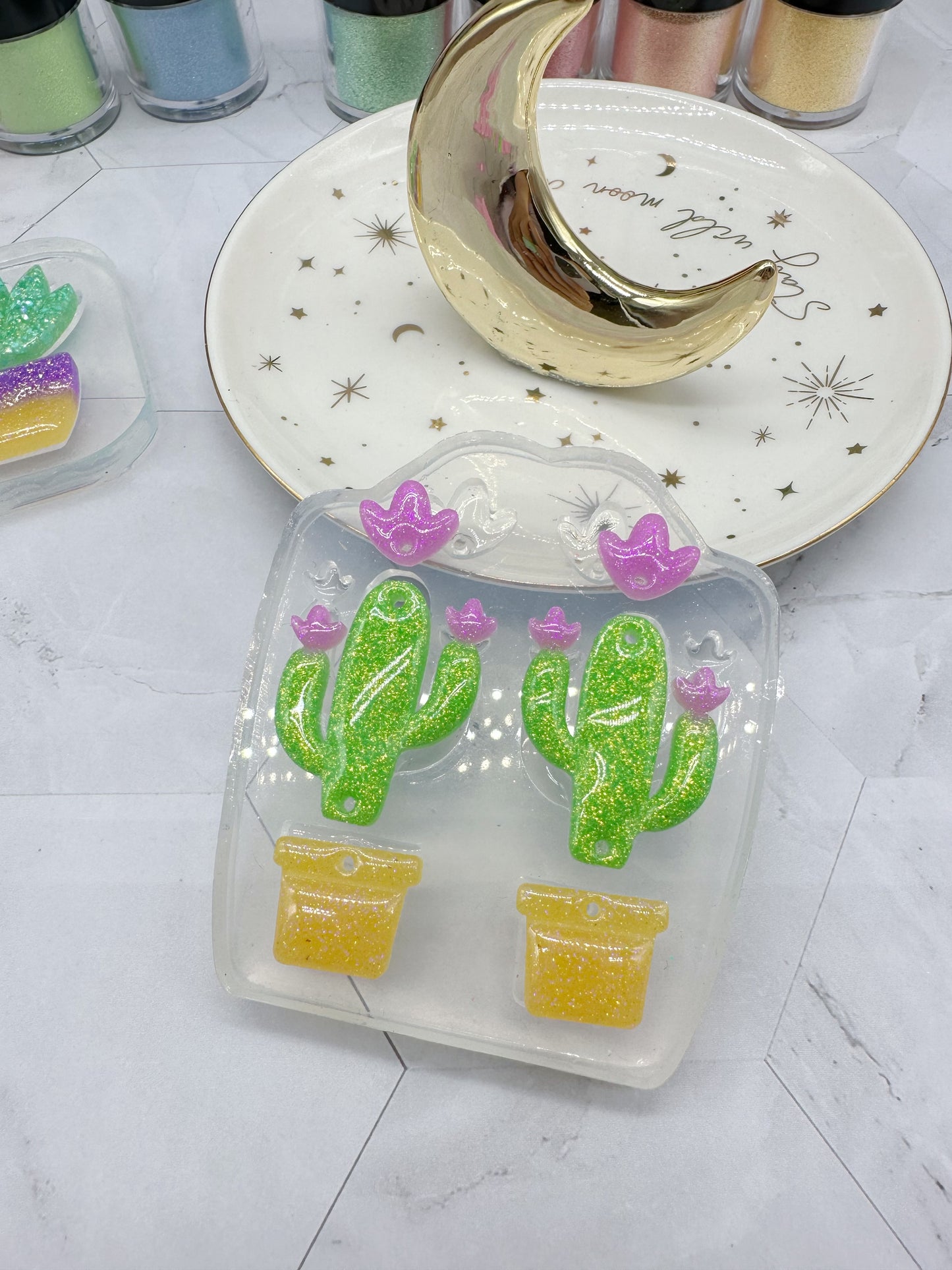Plump Cactus Flower House Plant Dangle Earring Mold