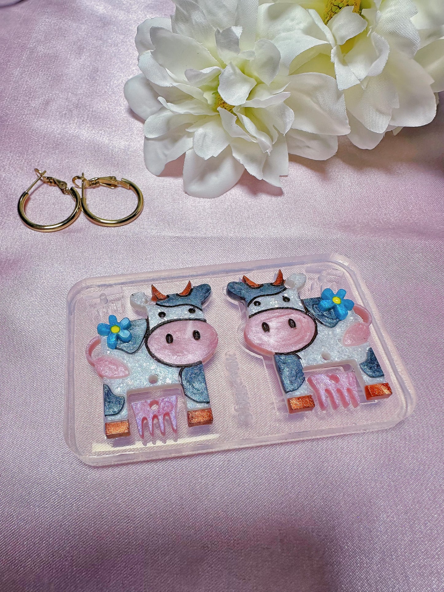 Milk Cow with udders and flowers Dangle Earring Mold for Hoop Charms