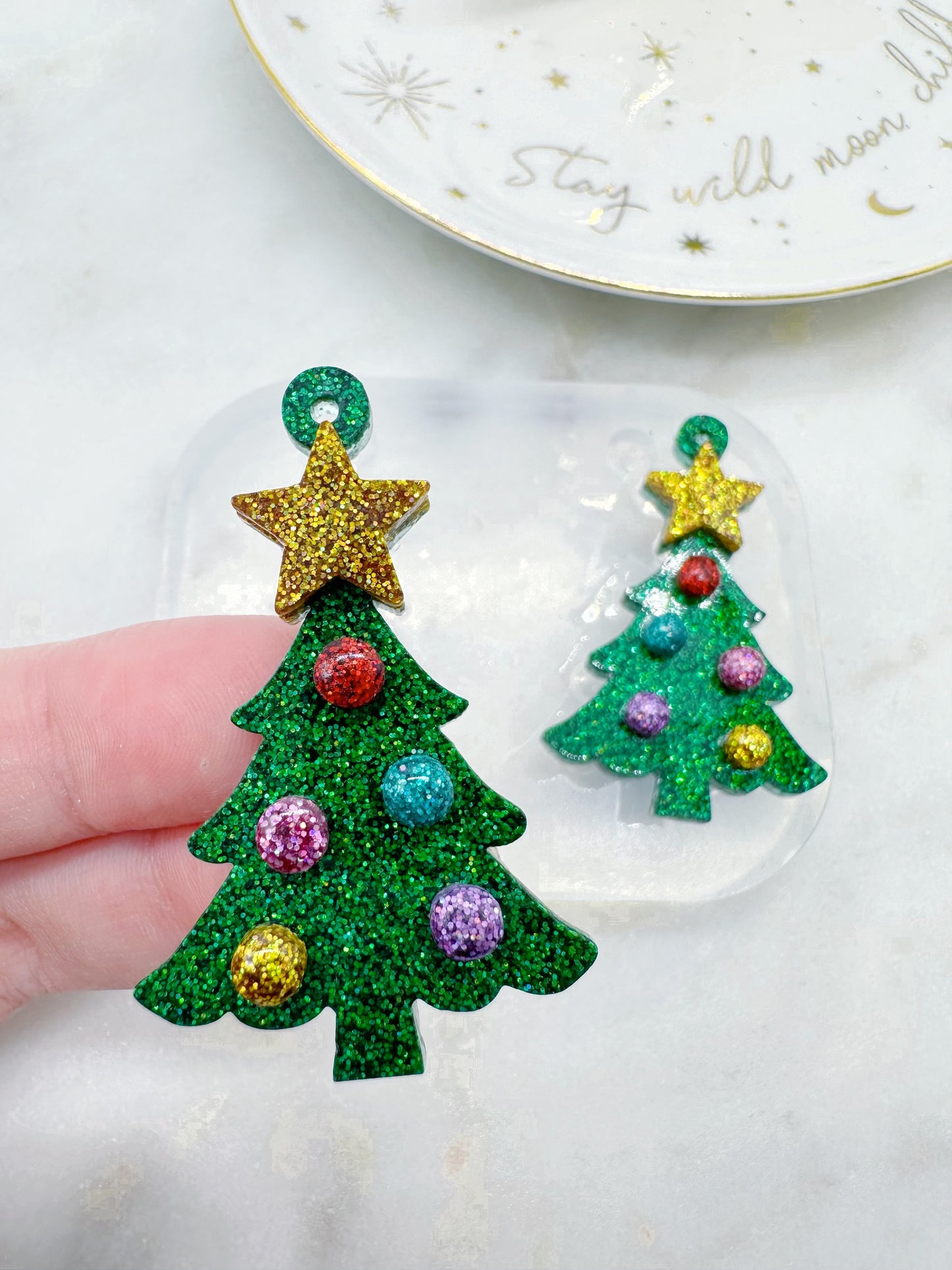 Layered Christmas Trees with Star and Baubles Layered Dangle Earring Brooch Mold