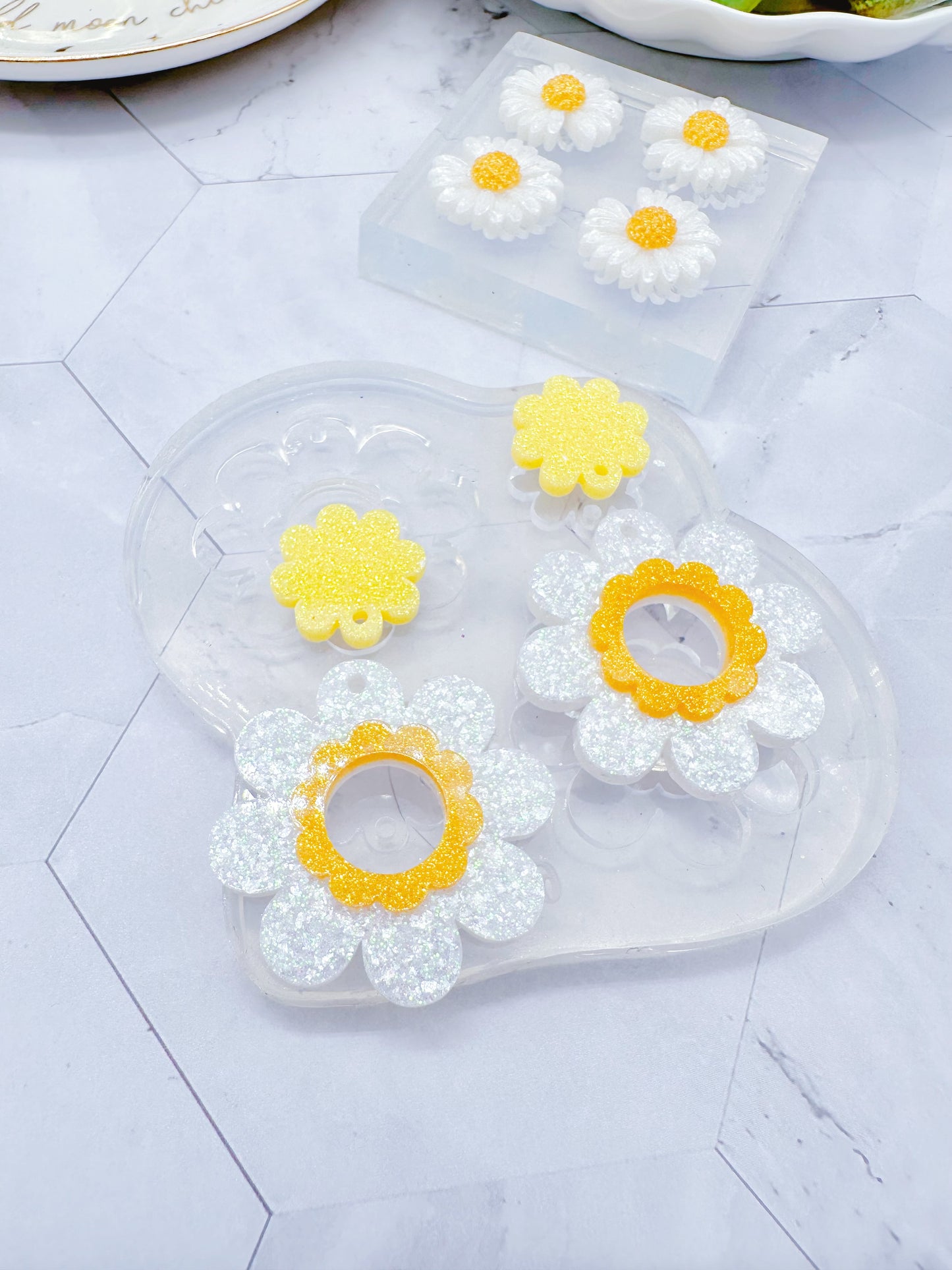 Large Double 3D Daisy Flower Dangle Drop Earring Mold
