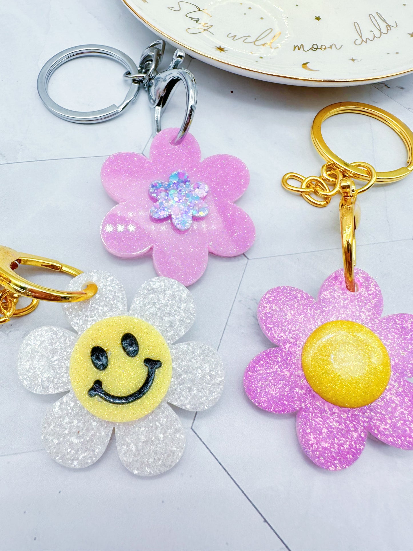 Happy Face Domed centre Flower Keychain Keyring Mold Choose your style