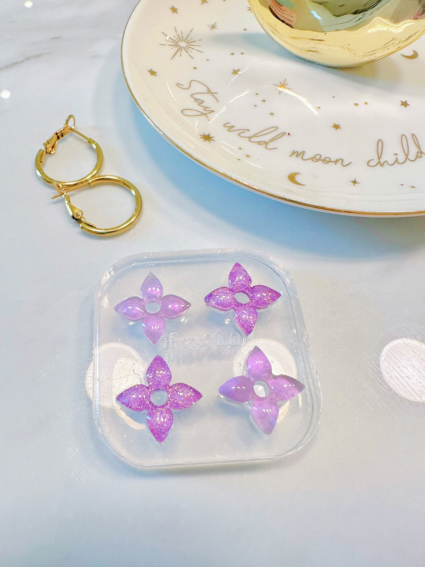 Dainty 1.6 cm Four-petal Open Flower Shape Hoop Spinner Earring Mold Stud Mold
