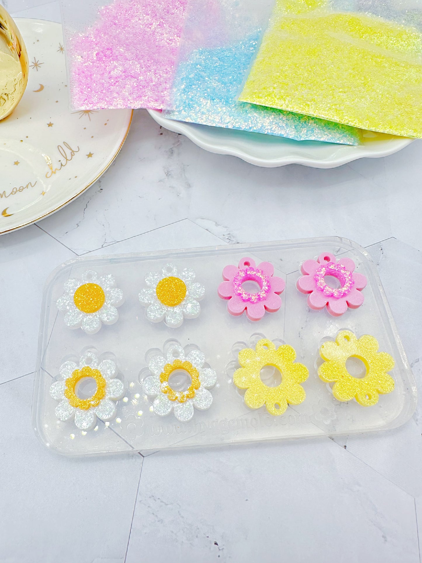 Flower Power layered Daisy Flower Dangle Drop Earring Mold