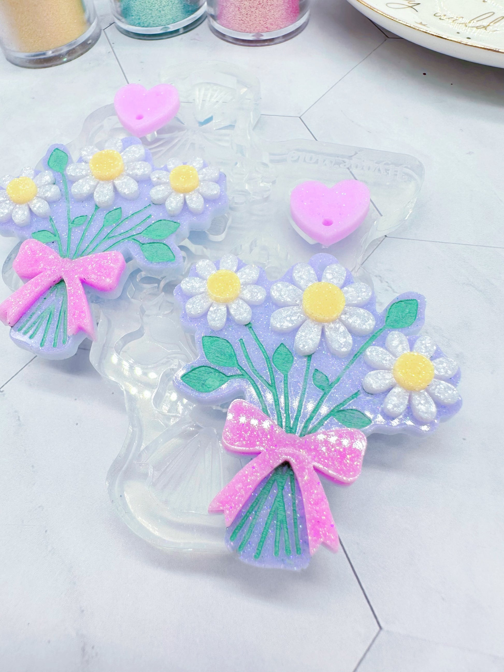 Flower Bouquet Dangle Earring Mold with Heart Topper