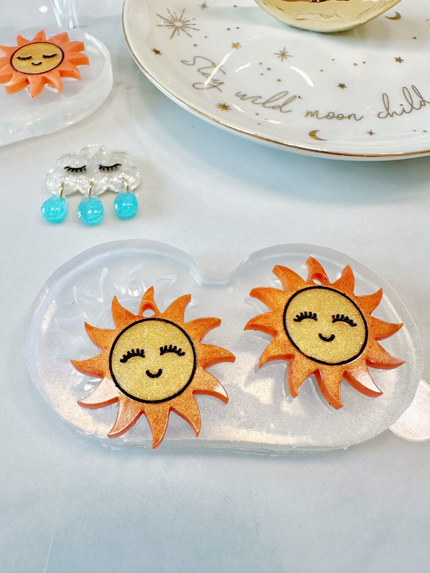 Beaming Smiley Sun Dangly Charm Earring Mold for Hoops
