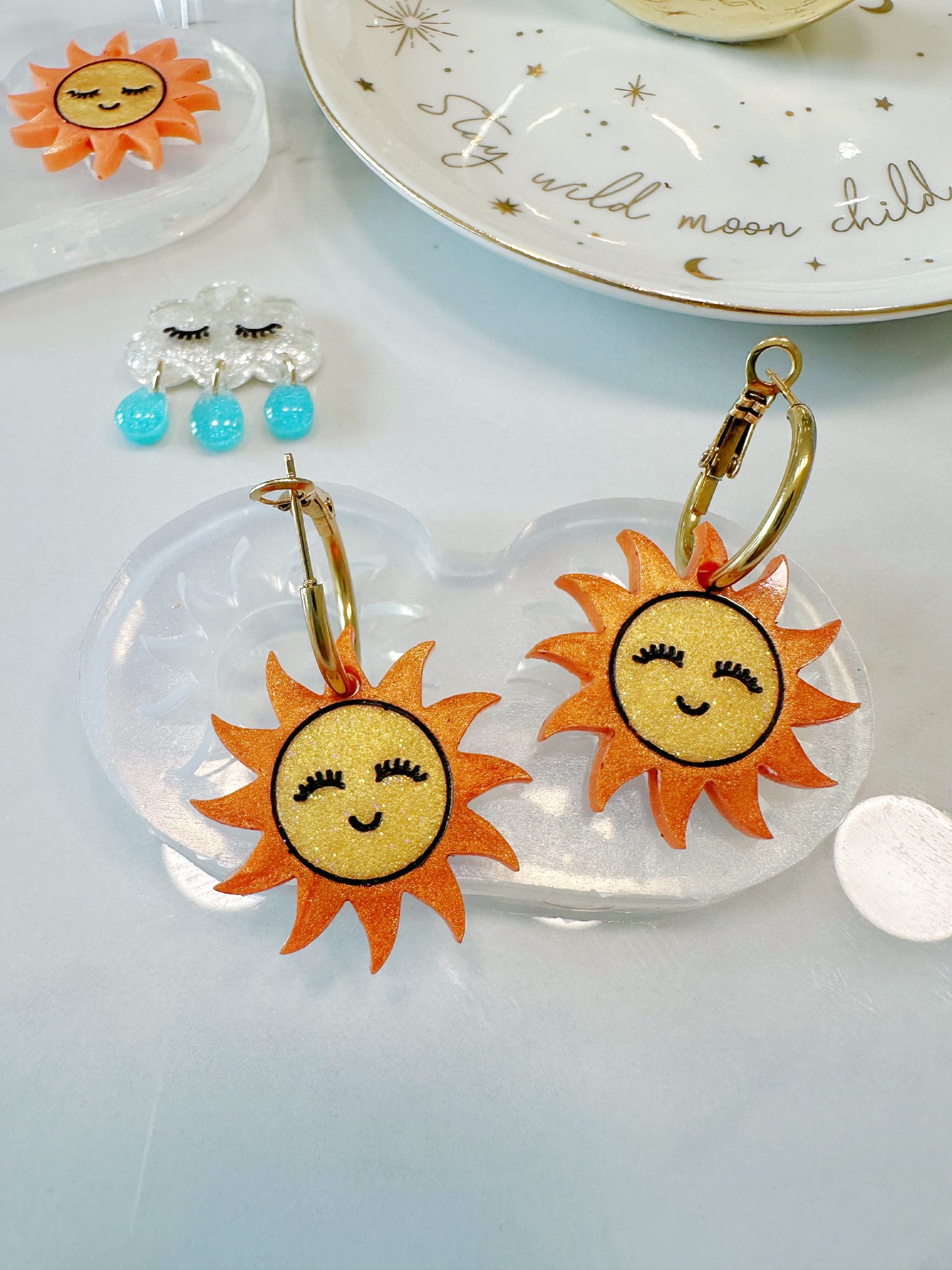 Beaming Smiley Sun Dangly Charm Earring Mold for Hoops