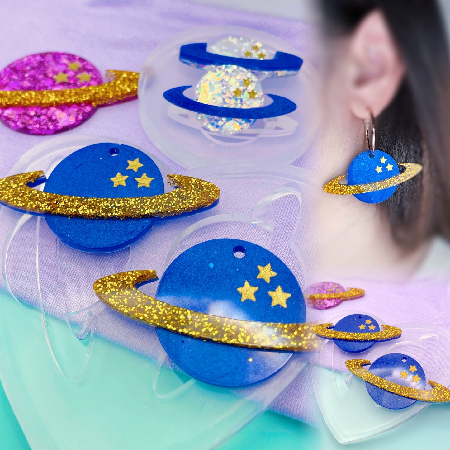 Celestial Starry Planet Saturn Dangle Earring Brooch mold Space travel
