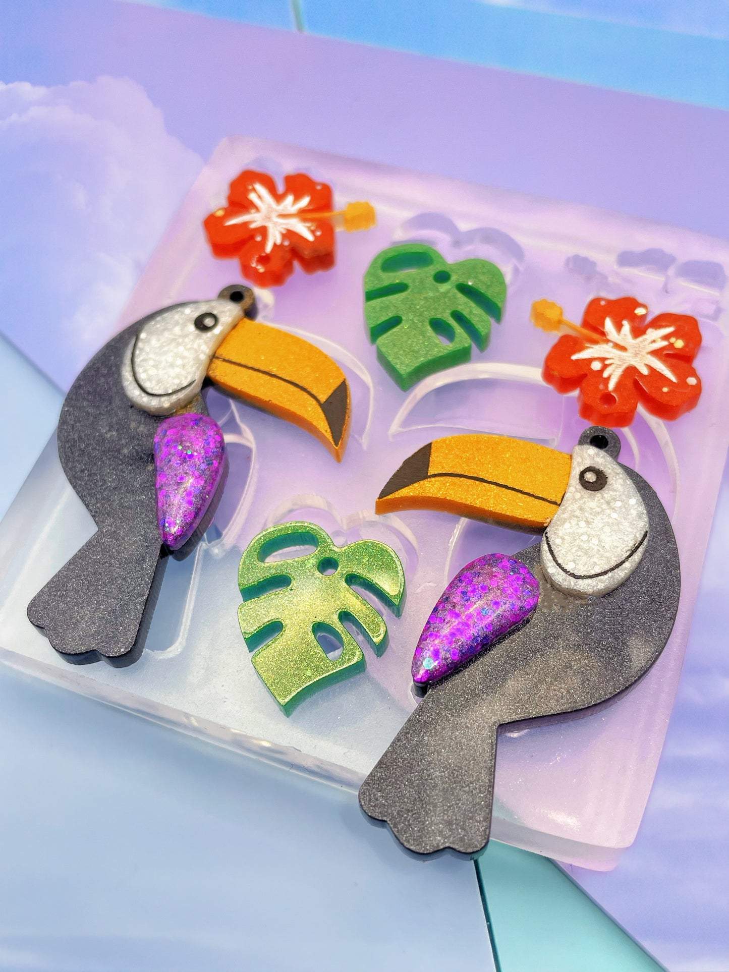 Layered Toucan with Monstera leaf and Tropical Hibiscus Flower Dangle Earring Mold