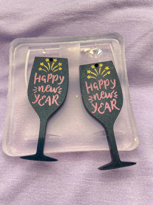 Happy New Year Wine Cocktail Glass Dangle Earring Mold