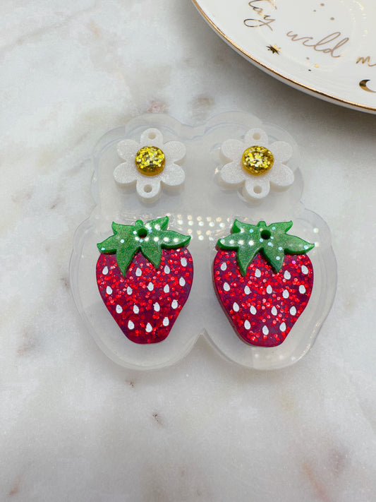 3D Strawberry with Flower Connector Dangle Earring Mold