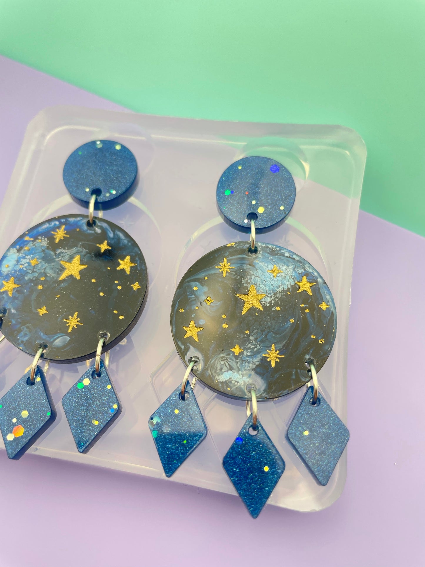 Starry Sky Round Disc with Rhombus tassel Dangle Drop Earring Mold