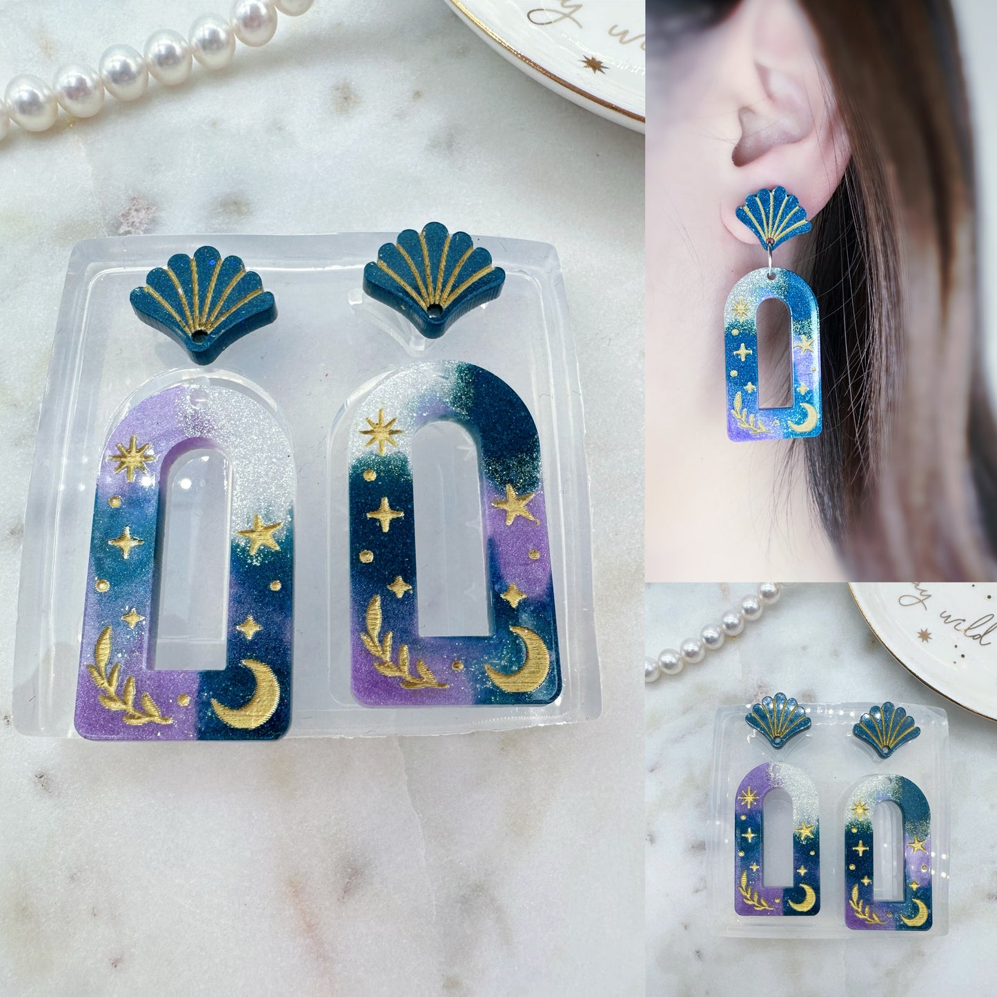 Celestial Open Arch Dangle Earring Mold with Art Deco Shell Toppers