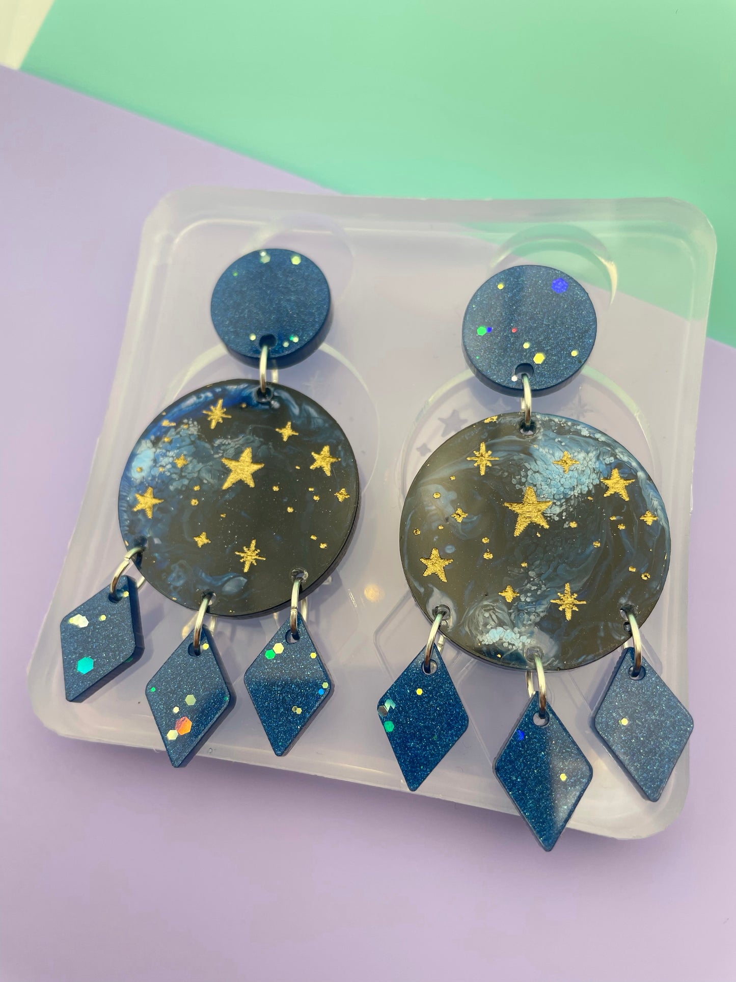 Starry Sky Round Disc with Rhombus tassel Dangle Drop Earring Mold