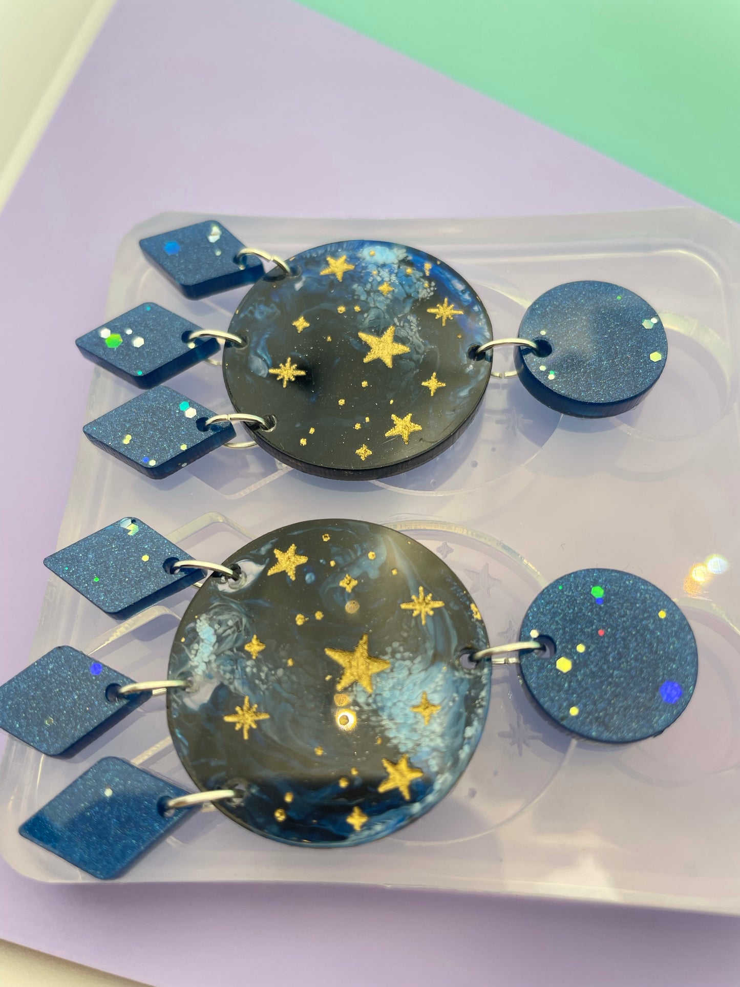 Starry Sky Round Disc with Rhombus tassel Dangle Drop Earring Mold