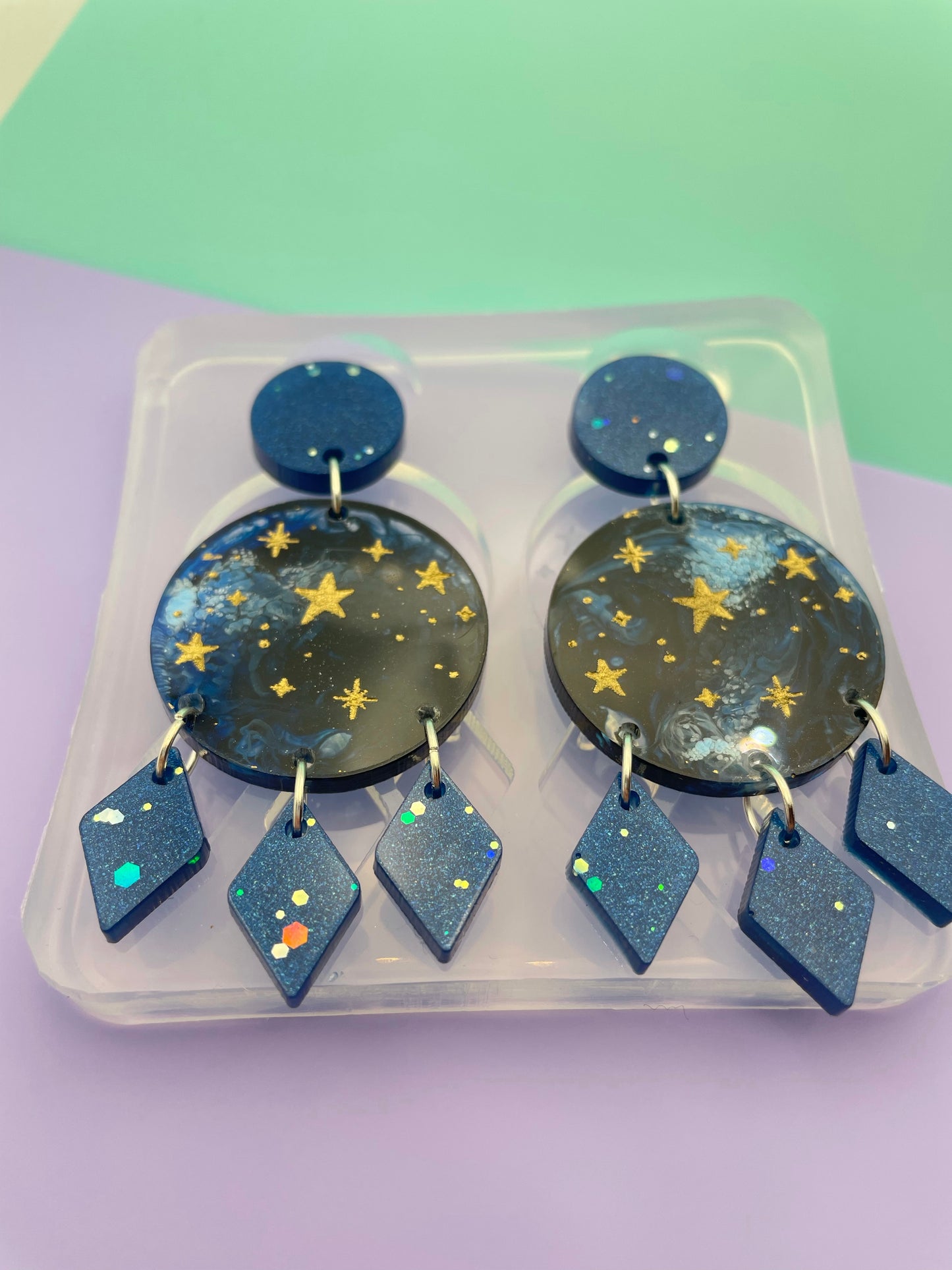 Starry Sky Round Disc with Rhombus tassel Dangle Drop Earring Mold