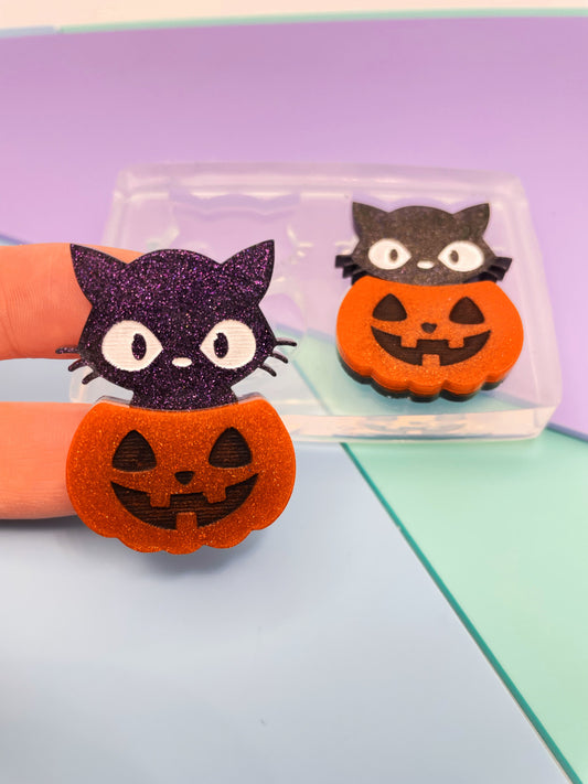 4cm Cat in Pumpkin Brooch Dangle Earring Mold Halloween