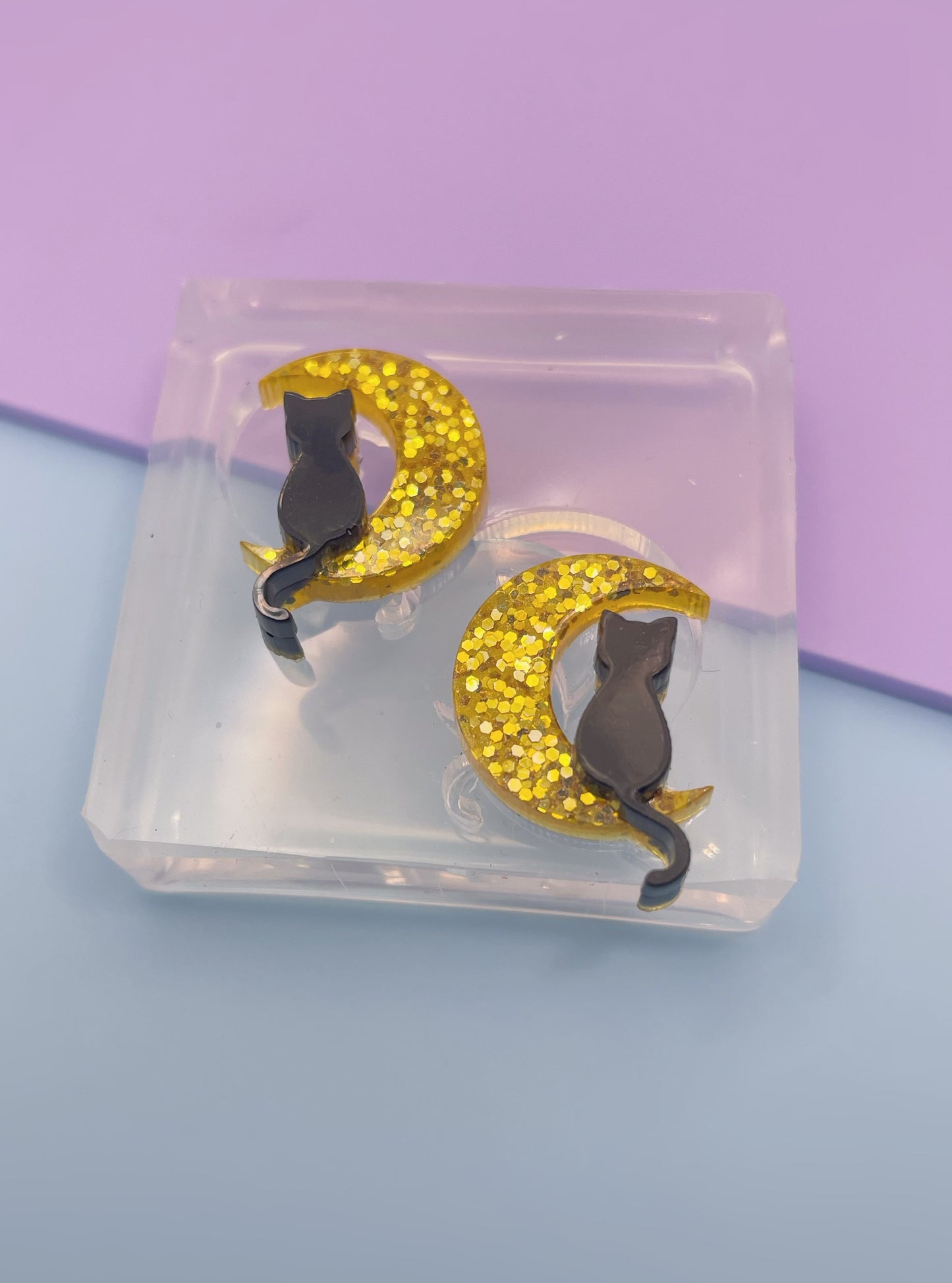 Mini Sitting Cat on Crescent Moon Stud Earring Mold