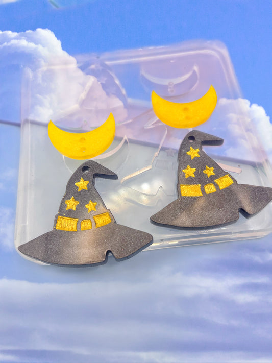 3.5 cm Witch Hat with Crescent Moon Connector Dangle Earring Mold