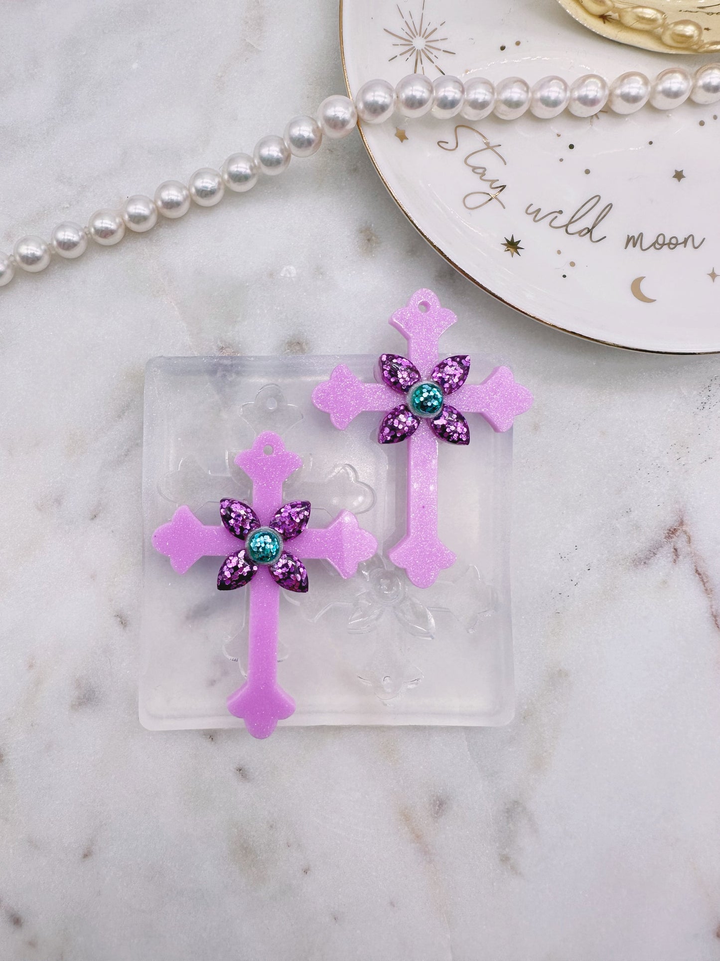Large 3D Jewelled Budded Cross Dangle Earring Necklace Mold