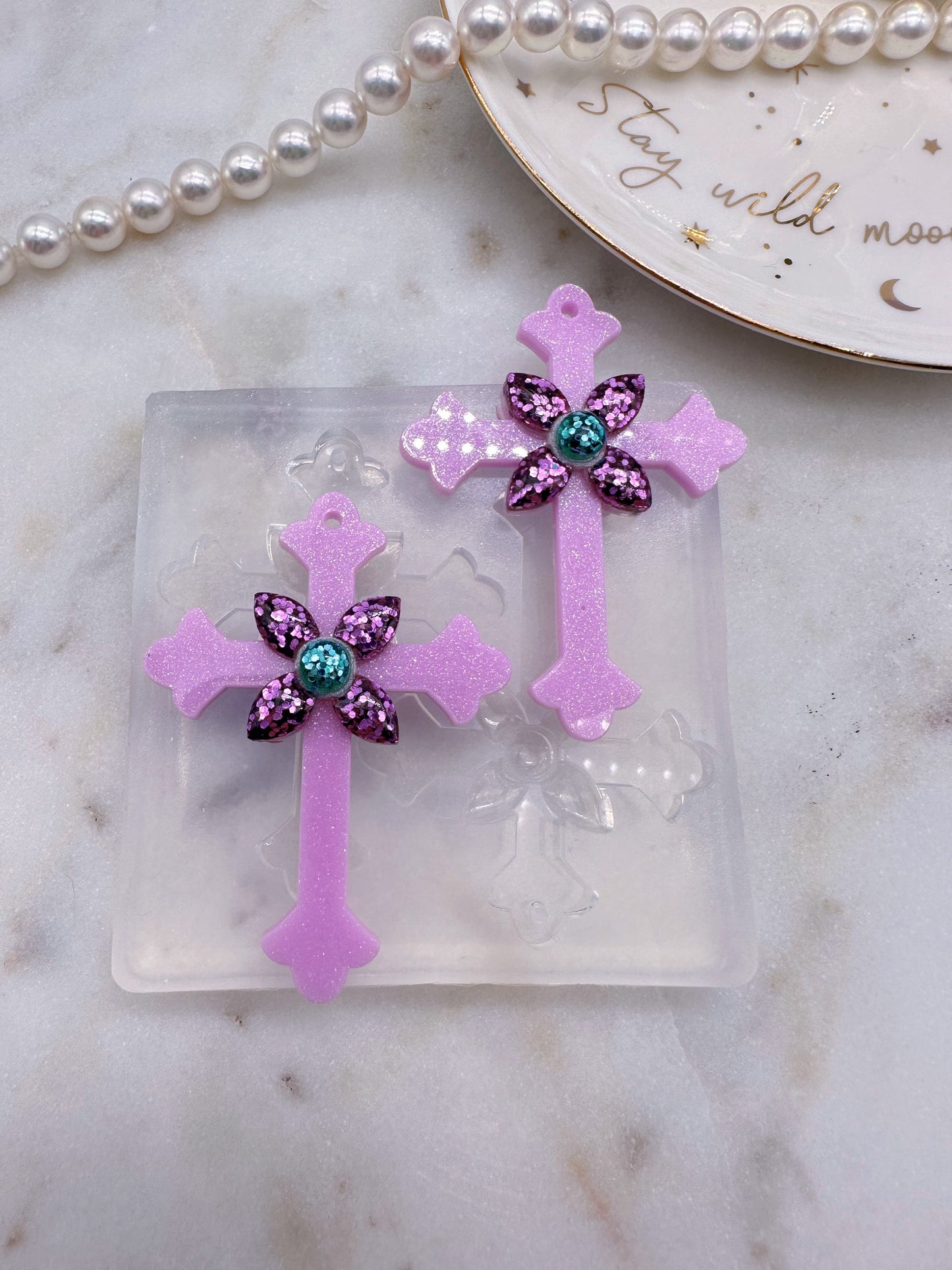 Large 3D Jewelled Budded Cross Dangle Earring Necklace Mold