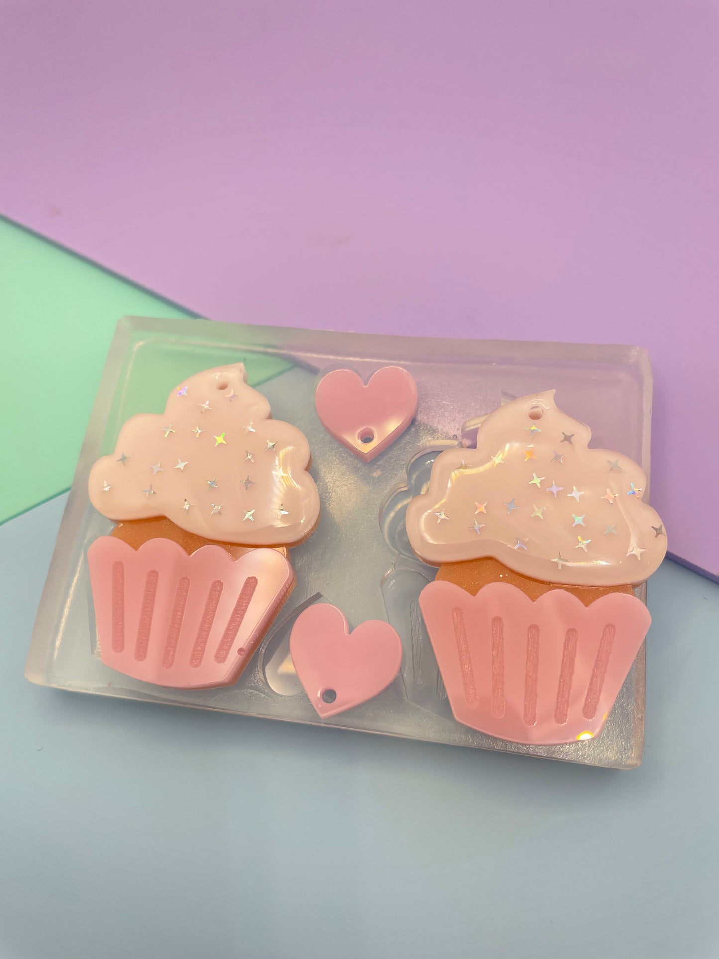 4.5 cm Cupcake with 3D Whipped Cream  Heart stud topper dangle earring mold