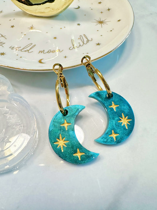 Dreamy Engraved Celestial Moon Dangly Charm Hoop Earring Mold