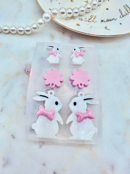 Cute Bunny with Ribbon Bow Earring Set Mold Stud and Dangly Earring Mold