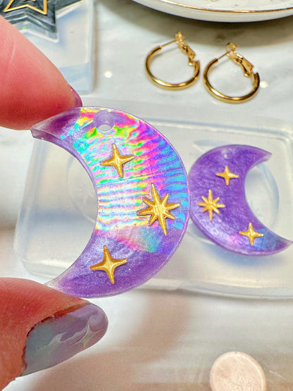 Holographic Engraved Celestial Moon Dangle Earring Mold for Hoop Charms