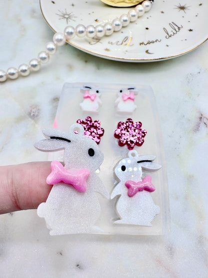 Cute Bunny with Ribbon Bow Earring Set Mold Stud and Dangly Earring Mold