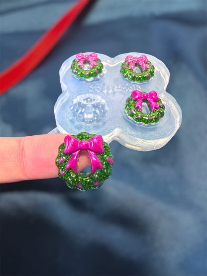 Mini Christmas Wreath Layered with Ribbon Bow Stud Earring Mold