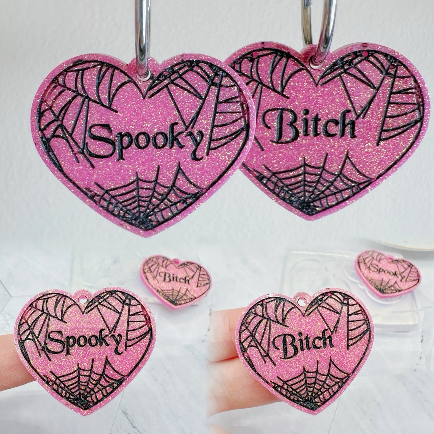 Large Spooky Bitch Spider Web Heart Dangle Earring Mold for Hoops