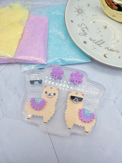 Cute Llama Alpaca Dangle Earring Mold with Flowers, Blankets, and sunglasses accessories