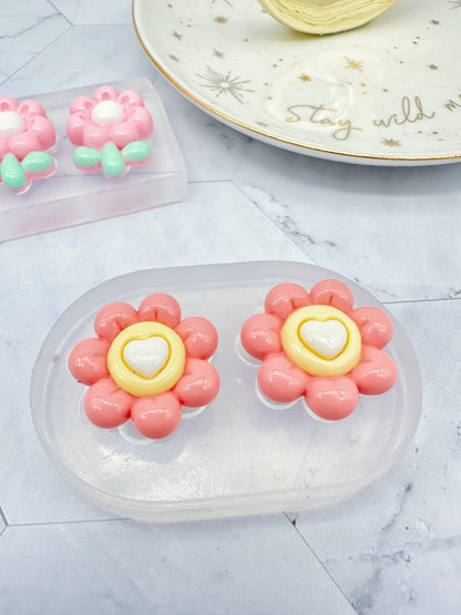 3D Inflated Style Sunflower with hearts Flower Stud Earring Mold