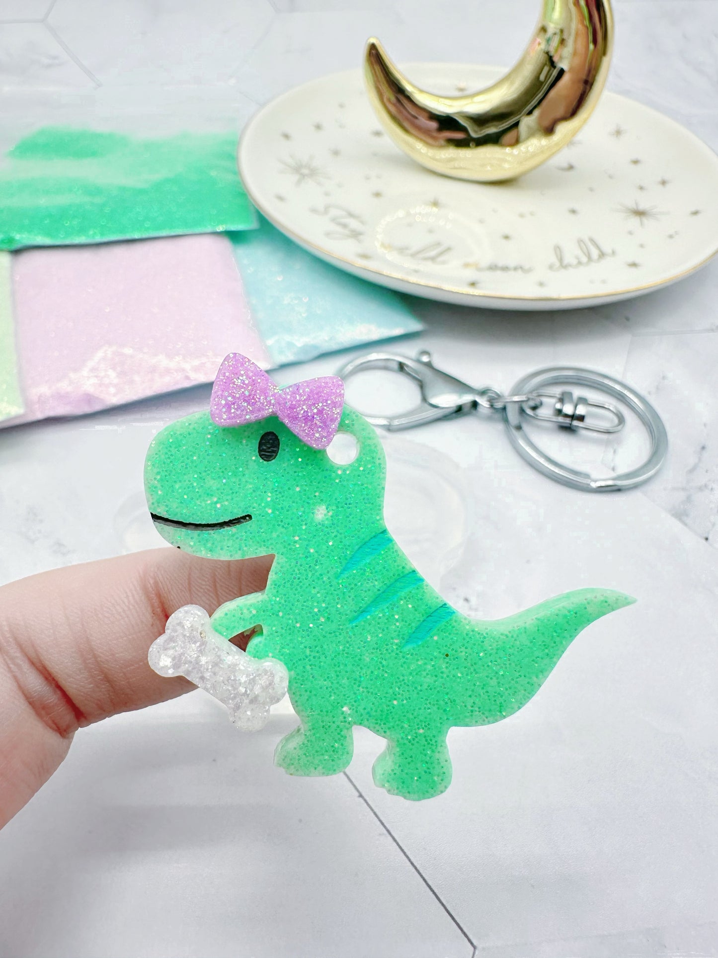 T-Rex Dino with Ribbon Bow and Bone Keychain Mold