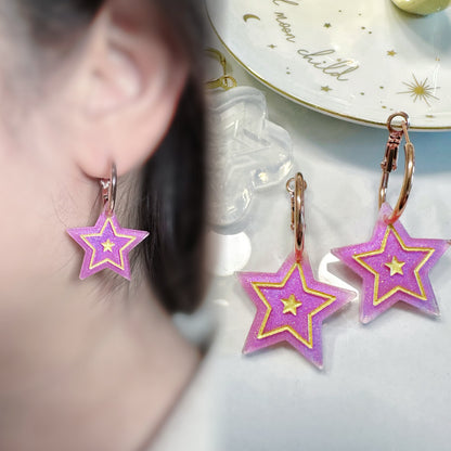 Dreamy Engraved Star Dangly Charm Hoop Earring Mold