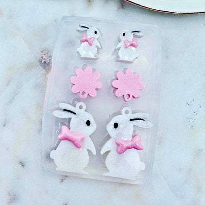 Cute Bunny with Ribbon Bow Earring Set Mold Stud and Dangly Earring Mold