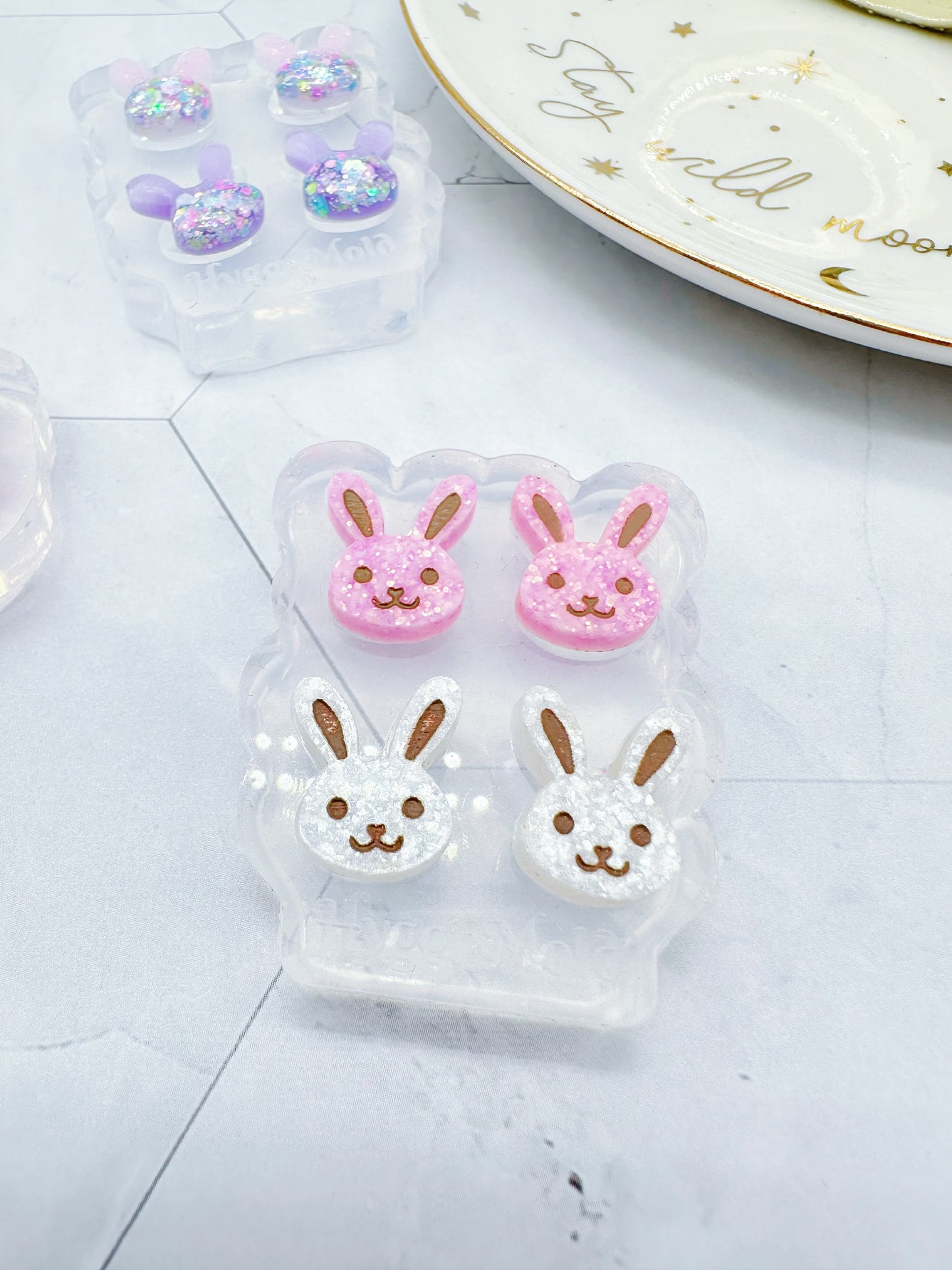 Mini Bunny Face Stud Earring Mold Easter Clear Silicone Mold for resin jewellery