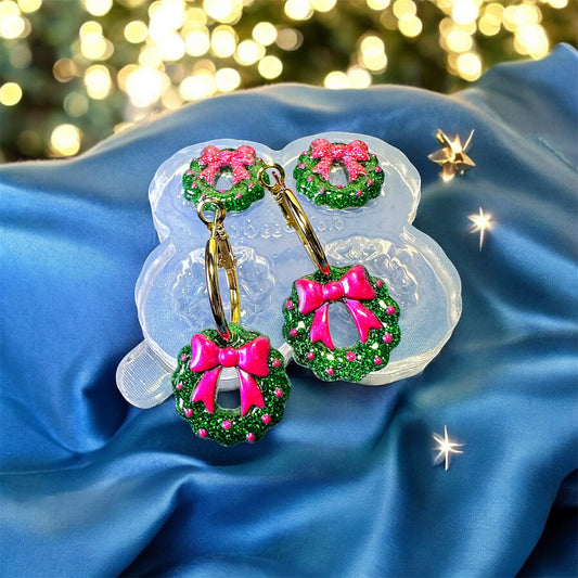 2025 Small Christmas Wreath Layered with Ribbon Bow Dangle Earring Mold