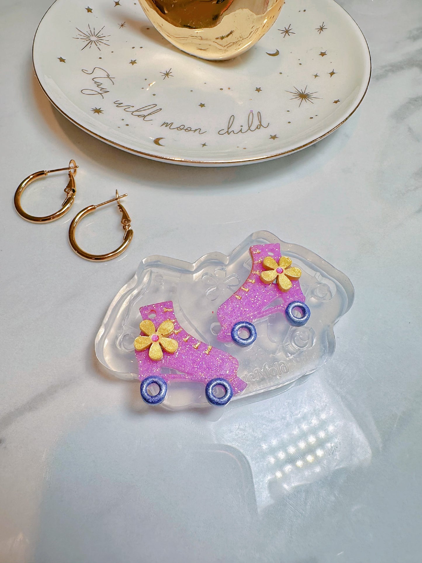 Small Roller Skate Shoes with Flower Hoop Earring Mold Dangly Charm Hoop Earring Mold