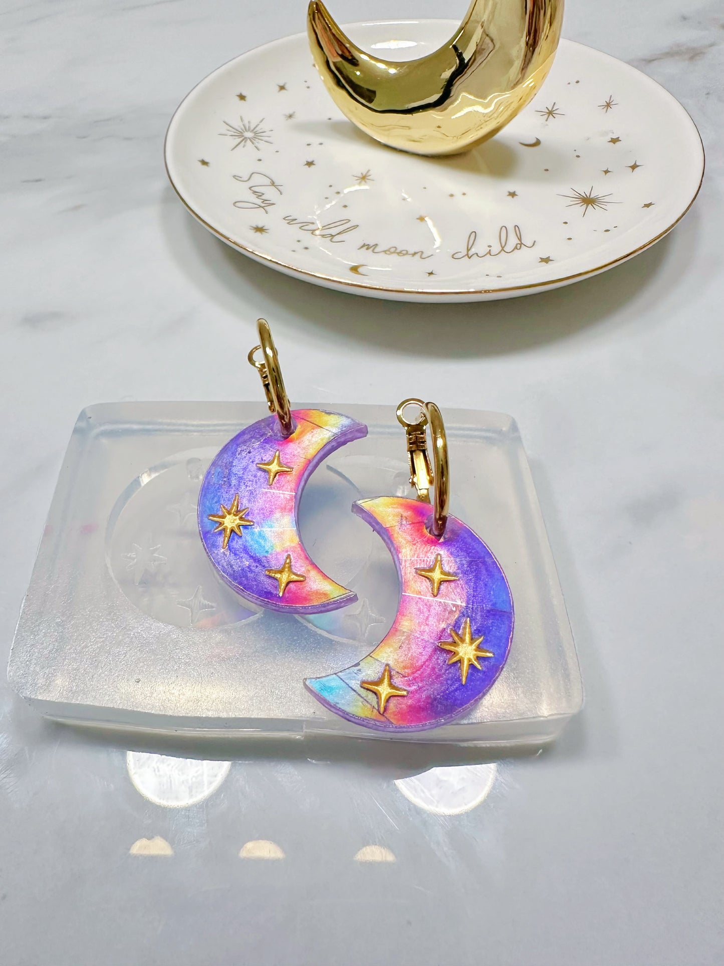 Holographic Engraved Celestial Moon Dangle Earring Mold for Hoop Charms