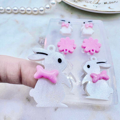 Cute Bunny with Ribbon Bow Earring Set Mold Stud and Dangly Earring Mold