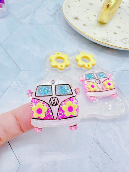 Floral Hippie Van Vintage Holiday Camper Van Dangle Earring Mold